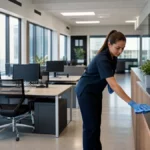 Nettoyage professionnel d'un bureau en open space avec équipement spécialisé