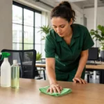 Agent de nettoyage écologique utilisant des produits naturels dans un bureau moderne en Val-d'Oise