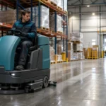 Agent AGM PRO utilisant une autolaveuse dans un entrepôt logistique propre du Val-d’Oise