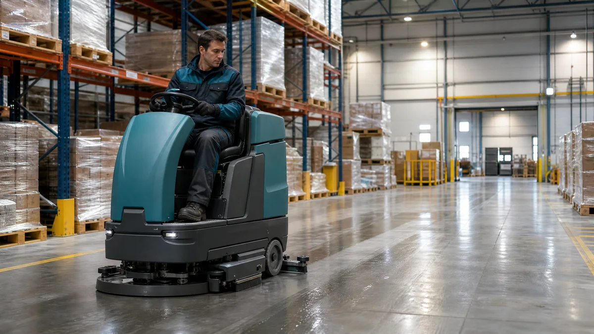 Agent AGM PRO utilisant une autolaveuse dans un entrepôt logistique propre du Val-d’Oise