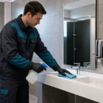 Agent de propreté désinfectant un lavabo dans des sanitaires modernes d’une entreprise