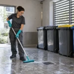 Agent d’entretien nettoyant le sol du local poubelles d’une copropriété et ses bacs de tri