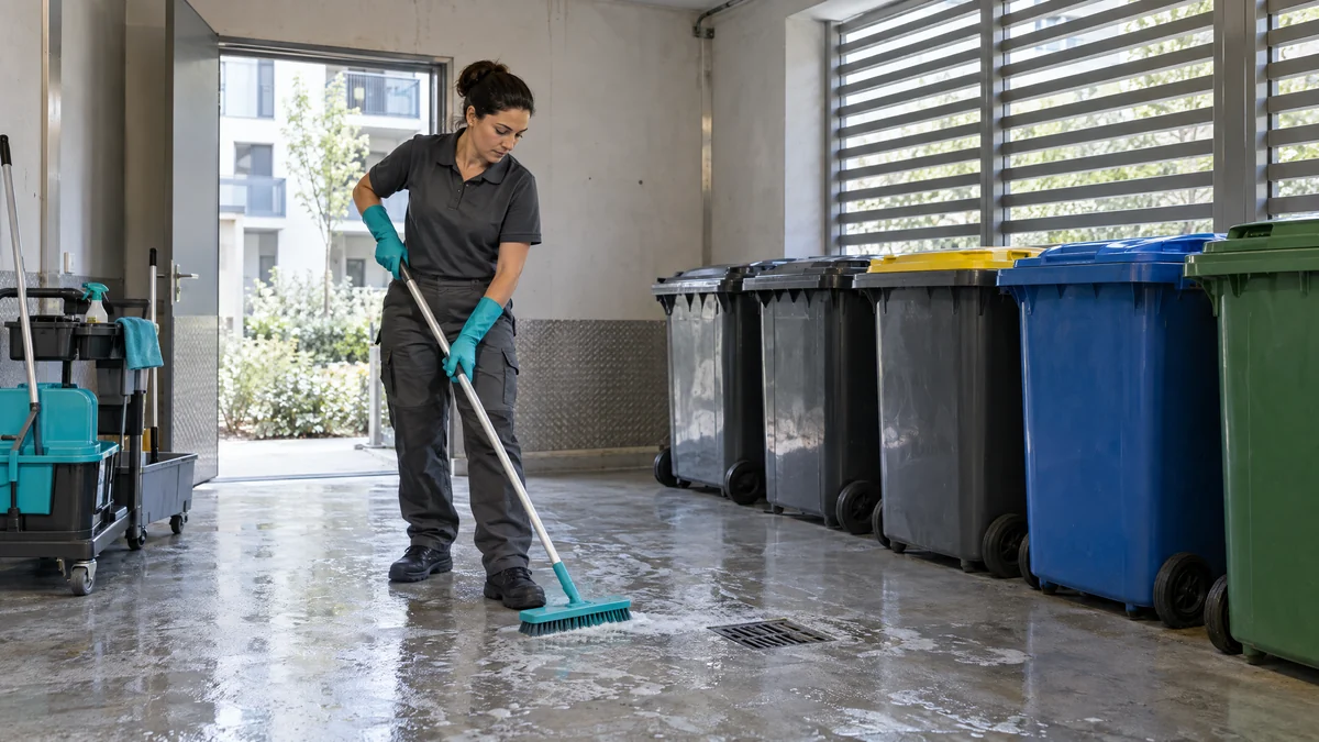 Agent d’entretien nettoyant le sol du local poubelles d’une copropriété et ses bacs de tri
