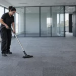 Agent de propreté aspirant des bureaux vidés après un déménagement professionnel